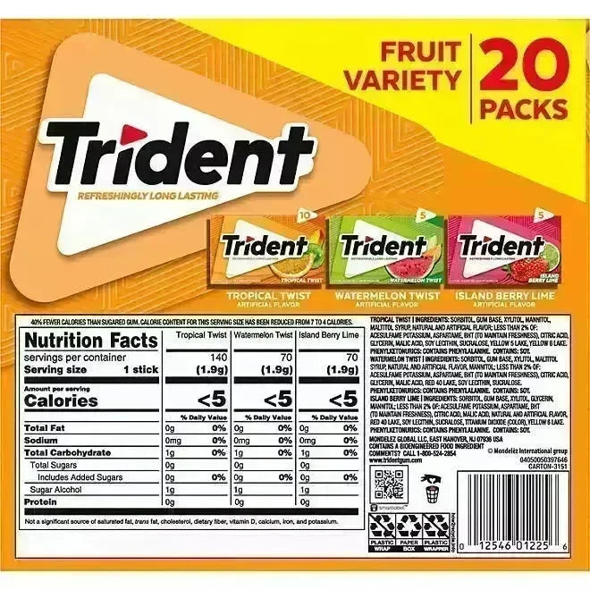 Trident Fruit Variety Sugar Free Gum: 20-Pack
