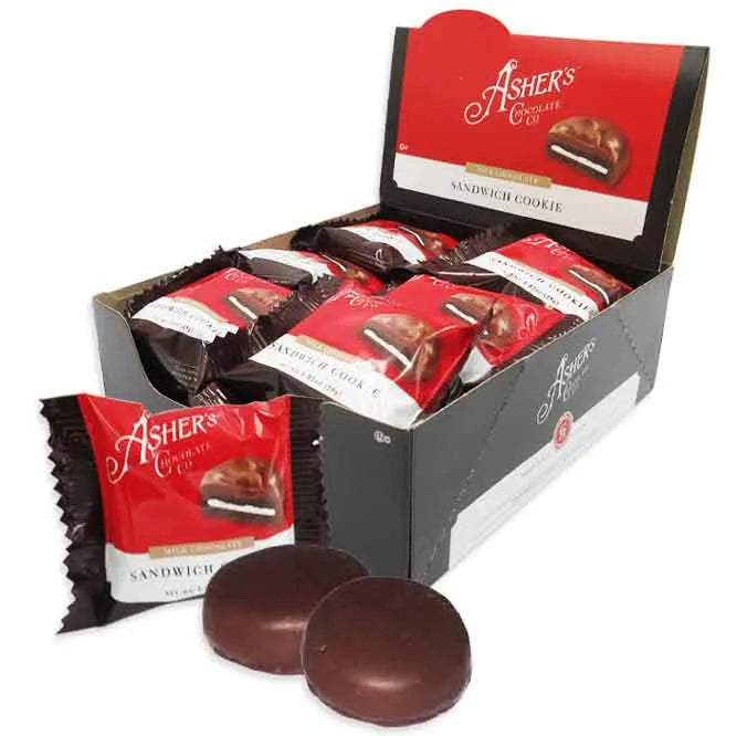 Asher's Chocolate Wrapped Milk Chocolate Sandwich Cookie: 18-Piece Display
