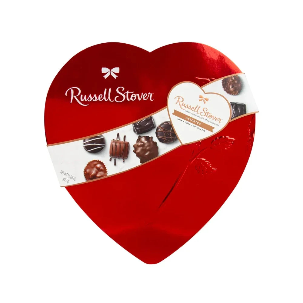Russell Stover Assorted Chocolate Red Foiled Heart Box: 3-Piece Case